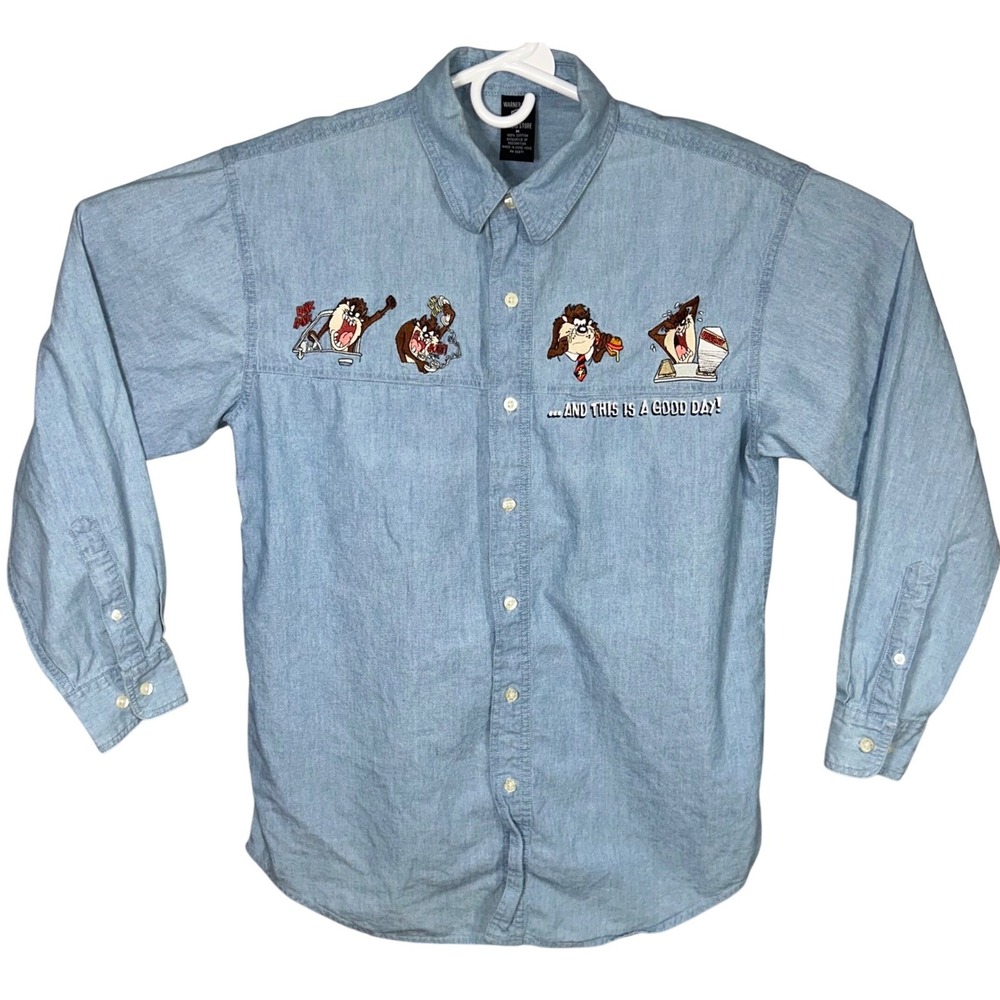 Vintage Warner Brothers Studio Taz Tasmanian Devil Denim Shirt Cartoon Medium - Picture 2 of 13